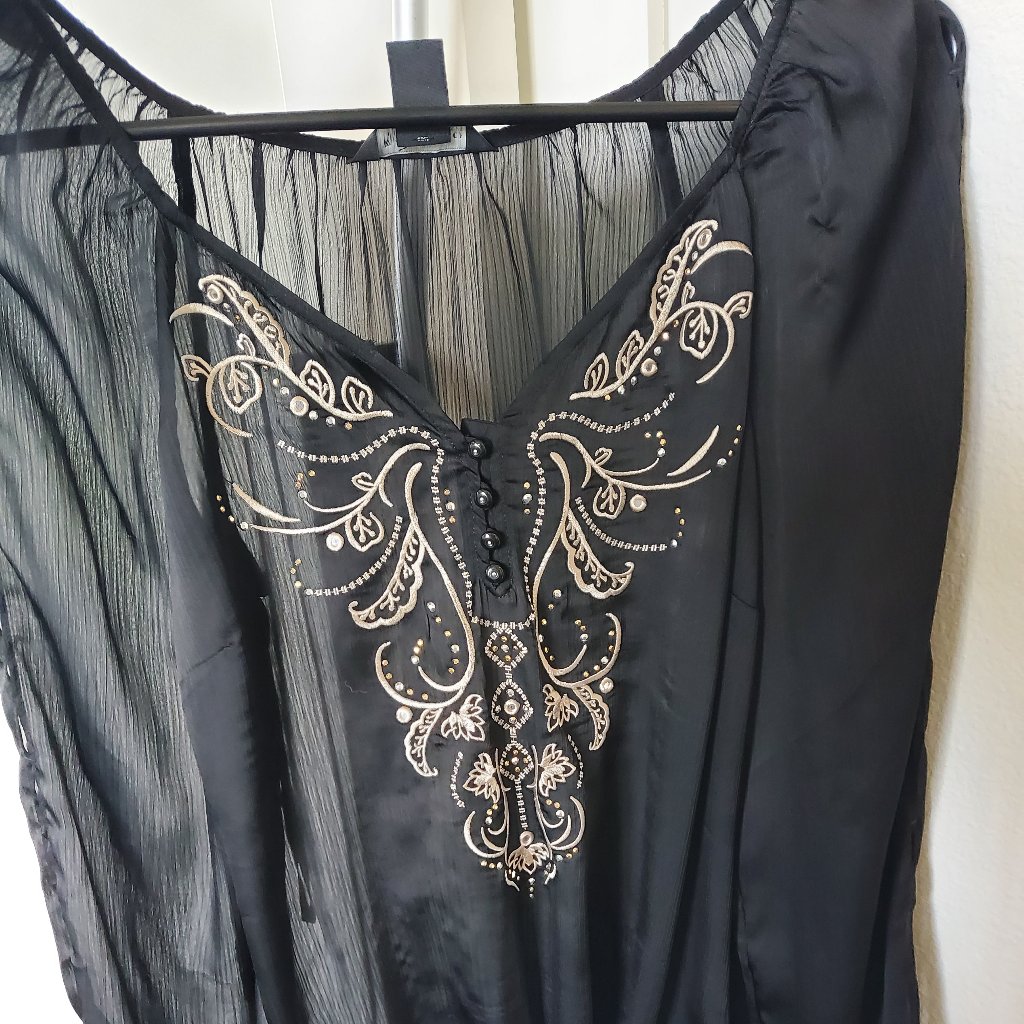 White House Black Market Black Sheer Long Sleeve Blouse With Decorative Front
